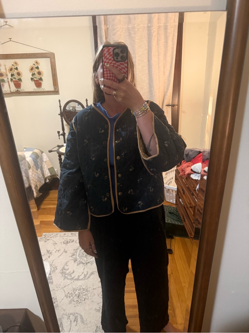 Handmade Quilted Floral Bomber Jacket with Contrast Trim - Navy